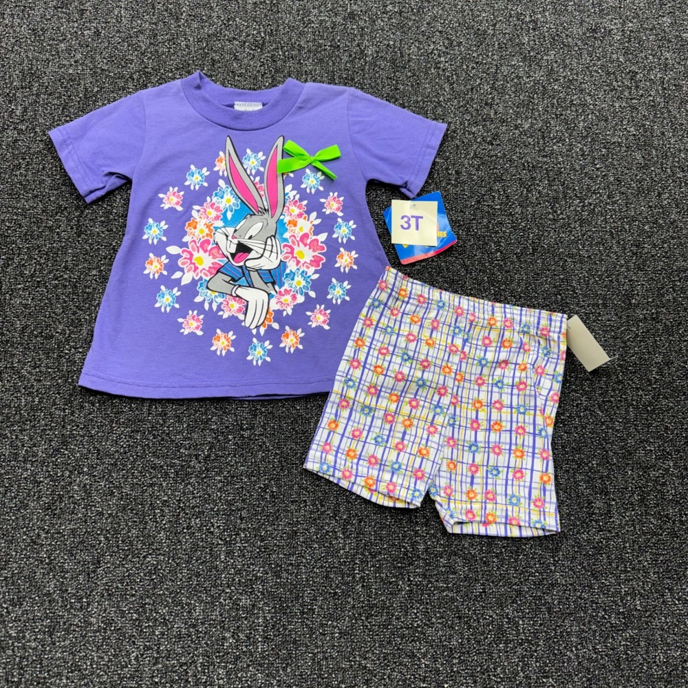 Looney Tunes Bugs Bunny Floral Shorts Set Toddler 3T Purple NEW vintage Kidcore